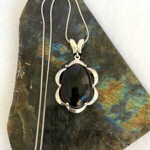 Sterling Silver 925 2" Oval Black Onyx Floral Pendant Necklace 20" Snake Chain
